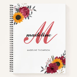 Floral Waterverf Sunflower Burgundy Monogram Notitieboek