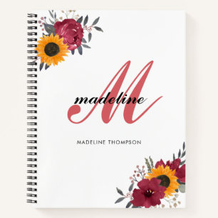 Floral Waterverf Sunflower Burgundy Monogram Notitieboek
