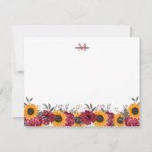 Floral Waterverf Sunflower Burgundy Monogram Notitiekaartje (Voorkant)