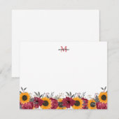 Floral Waterverf Sunflower Burgundy Monogram Notitiekaartje (Voorkant / Achterkant)