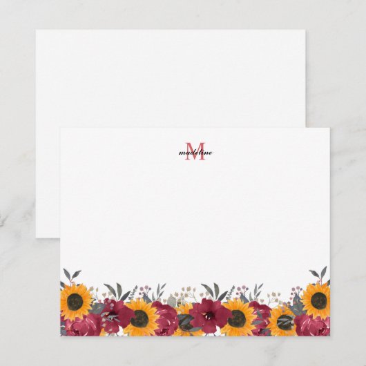 Floral Waterverf Sunflower Burgundy Monogram Notitiekaartje (Voorkant / Achterkant)