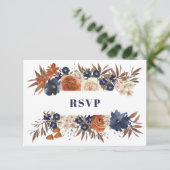 Floral Waterverf Terra cotta Blue Wedding RSVP Kaartje (Staand voorkant)