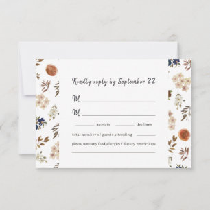 Floral Waterverf Terra cotta Blue Wedding RSVP Kaartje