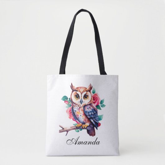 Floral Waterverf Uil en Rozen Tote Bag (Voorkant)