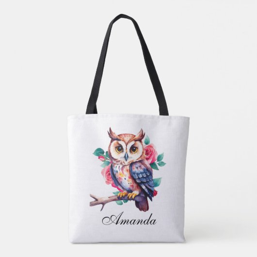Floral Waterverf Uil en Rozen Tote Bag (Achterkant)