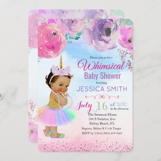 Floral Waterverf Unicorn Baby shower Kaart (Voorkant / Achterkant)