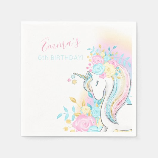 Floral Waterverf Unicorn Girl's Birthday Servet (Voorkant)