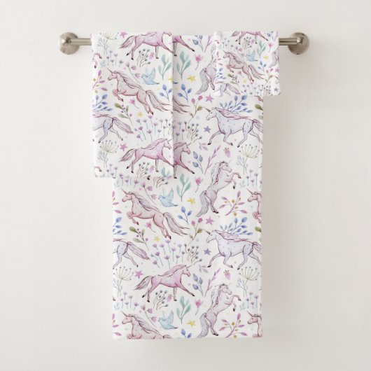 Floral Waterverf Unicorn Pattern Bad Handdoek (Insitu)