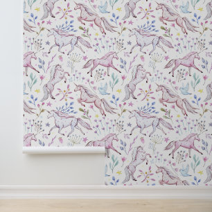 Floral Waterverf Unicorn Pattern Behang