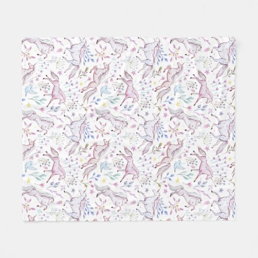 Floral Waterverf Unicorn Pattern Fleece Deken (Voorkant (Horizontaal))