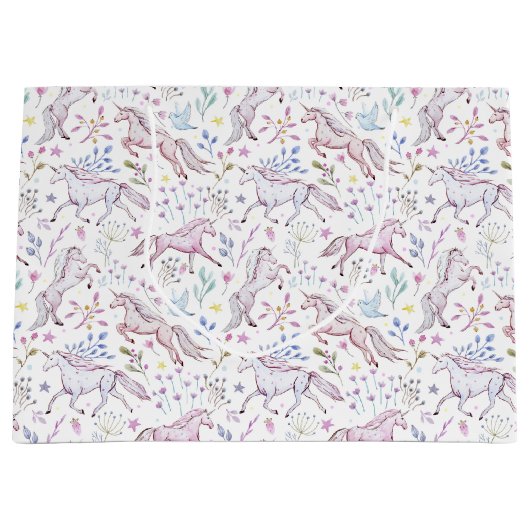 Floral Waterverf Unicorn Pattern Groot Cadeauzakje (Voorkant)