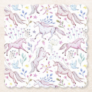 Floral Waterverf Unicorn Pattern Kartonnen Onderzetters