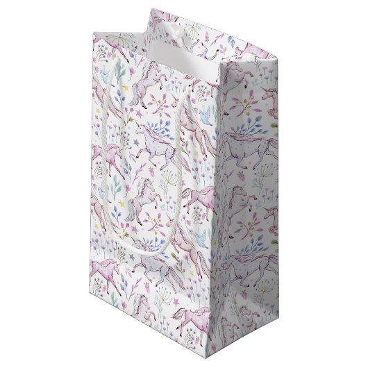 Floral Waterverf Unicorn Pattern Klein Cadeauzakje (Voorkant Gekanteld)
