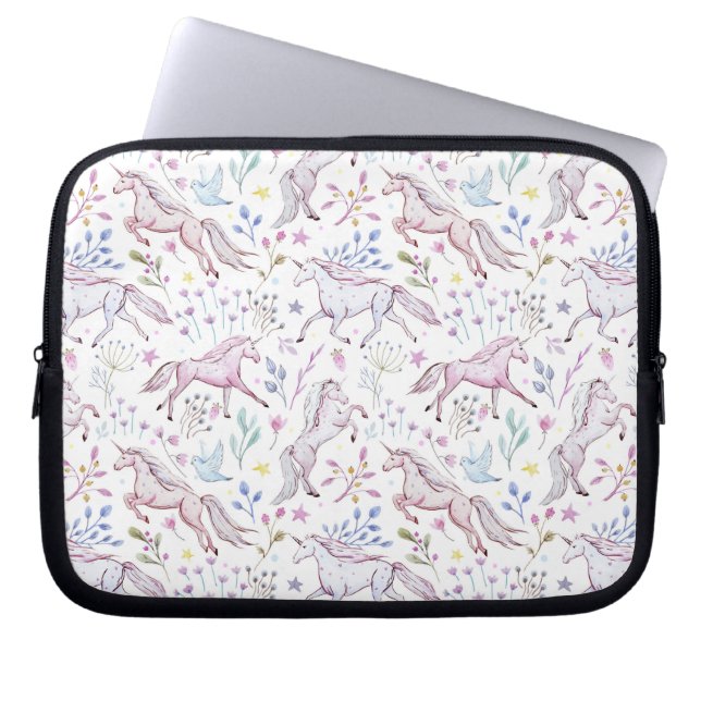 Floral Waterverf Unicorn Pattern Laptop Sleeve (Voorkant)