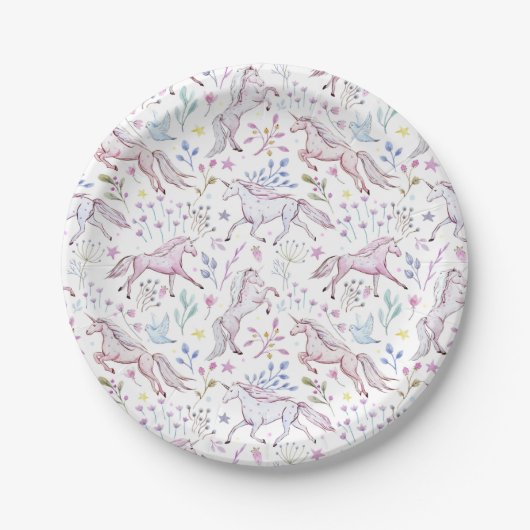 Floral Waterverf Unicorn Pattern Papieren Bordje (Voorkant)