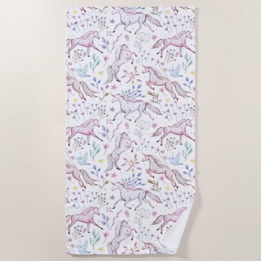 Floral Waterverf Unicorn Pattern Strandlaken (Voorkant)