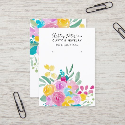 Floral waterverf veer sieraden oorbel display visitekaartje (Voorkant / Achterkant in situ)