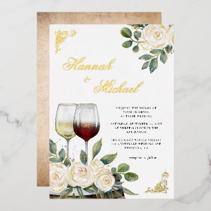 Floral Waterverf Vineyard Wedding Gold Folie Uitnodiging