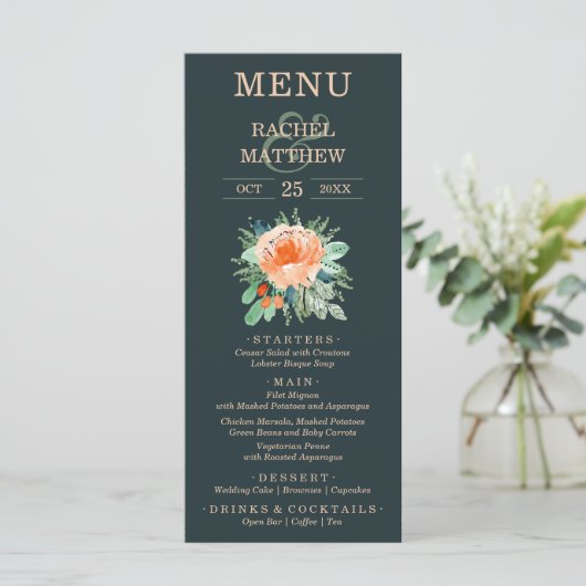 Floral Waterverf Wedding Blauwgroen Menu (Staand voorkant)