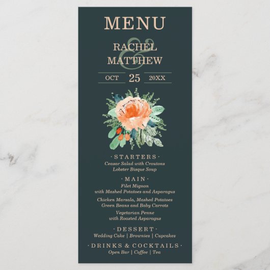 Floral Waterverf Wedding Blauwgroen Menu (Voorkant)