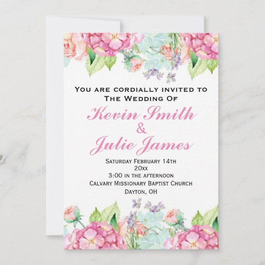 Floral Waterverf Wedding Invitation Kaart (Voorkant)