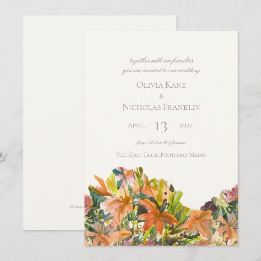 Floral Waterverf Wedding Invitation Kaart (Voorkant / Achterkant)