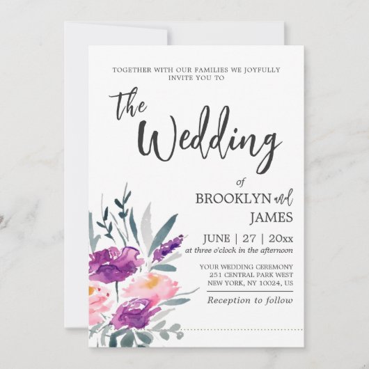 Floral Waterverf Wedding Invitations Kaart (Voorkant)