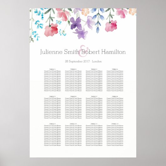 Floral Waterverf Wedding Seating Chart 12 Tables Poster (Voorkant)