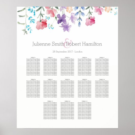 Floral Waterverf Wedding Seating Chart 13 Tables Poster (Voorkant)