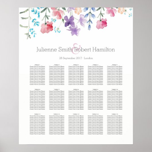 Floral Waterverf Wedding Seating Chart 15 Tables Poster (Voorkant)