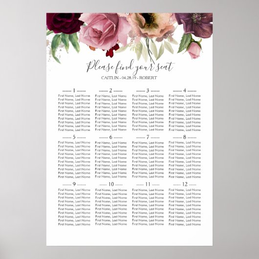 Floral Waterverf Wedding Seating Chart Poster (Voorkant)