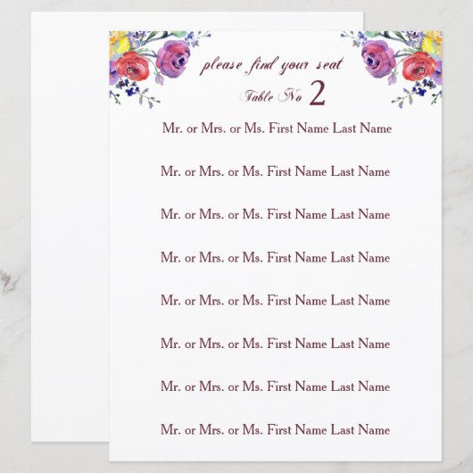 Floral Waterverf Wedding Table Zitplaats (Voorkant / Achterkant)