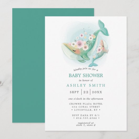 Floral Waterverf Whale Blauwgroen Baby shower Kaart (Voorkant / Achterkant)