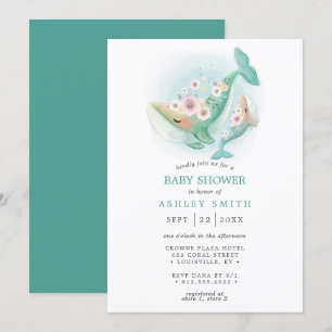 Floral Waterverf Whale Blauwgroen Baby shower Kaart