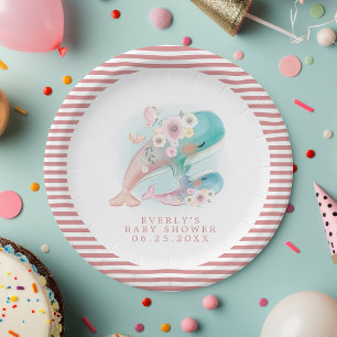 Floral Waterverf Whales Girl Baby shower Papieren Bordje