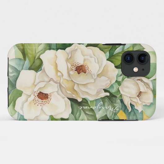 Floral Waterverf White Magnolia Name Script Case-Mate iPhone Case (Achterkant (horizontaal))