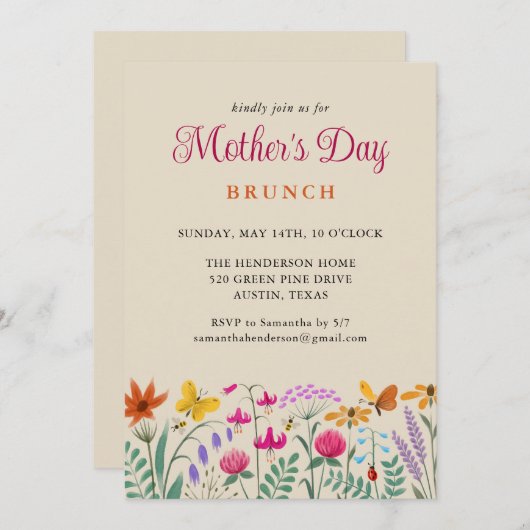 Floral Waterverf Wildflowers Moederdag Brunch Kaart (Voorkant / Achterkant)