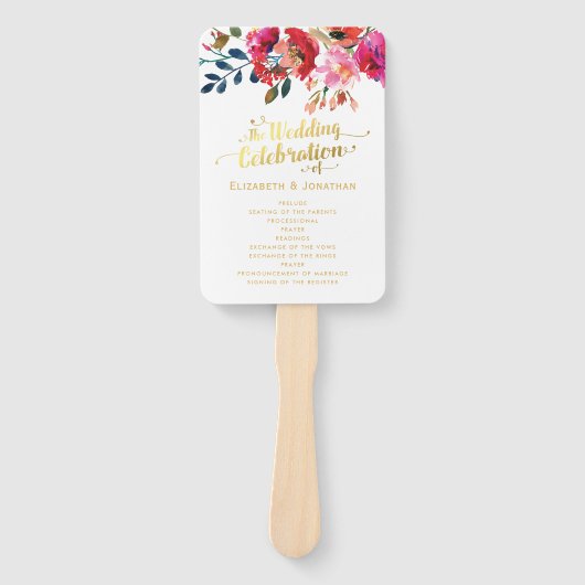 Floral Waterverf Wit Goud Huwelijksprogramma Handwaaier (Voorkant)