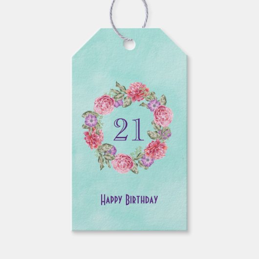 Floral Waterverf Wreate/ Happy Birthday and Age Cadeaulabel (Voorkant)