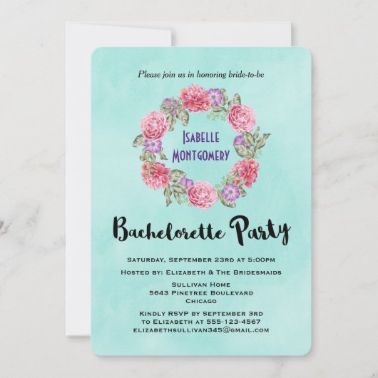 Floral Waterverf Wreath Bachelorette Party Invite Kaart (Voorkant)