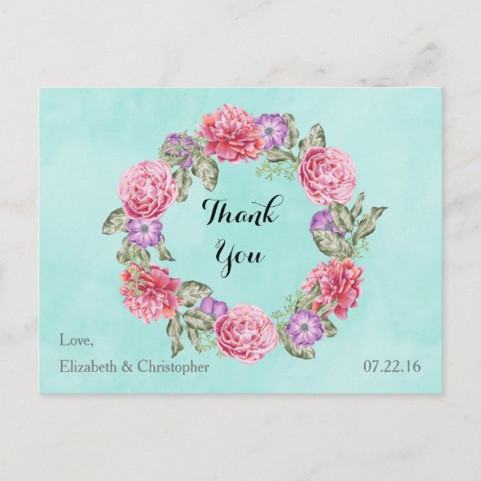 Floral Waterverf Wreath Wedding Bedankt Briefkaart (Voorkant)