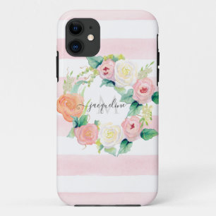 Floral Waterverf Wreatinroze witte streep met naam Case-Mate iPhone Case