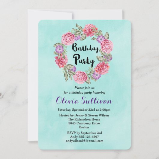 Floral Waterverf Wreator Fancy Birthday Invitation Kaart (Voorkant)