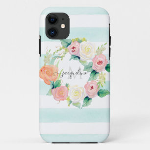 Floral Waterverf Wreator Mint Pink Striped w Name Case-Mate iPhone Case