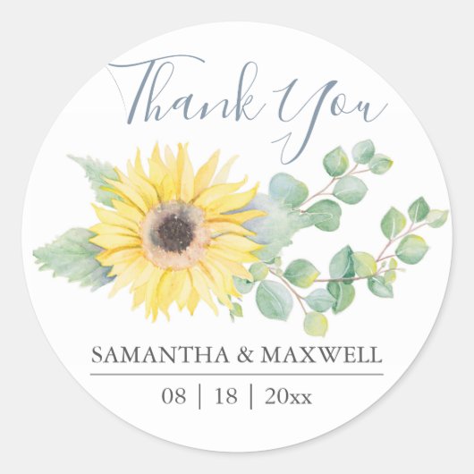 Floral Waterverf Yellow Sunflower Hartelijk dank Ronde Sticker (Voorkant)
