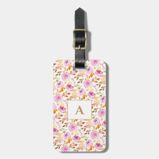 Floral Waterverf zomerroze monogram Bagagelabel (Voorkant verticaal)