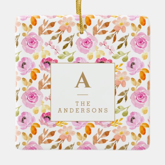 Floral Waterverf zomerroze monogram Keramisch Ornament (Voorkant)