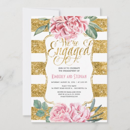 Floral Waterverven Gold Glitter Engagement Party Kaart (Voorkant)