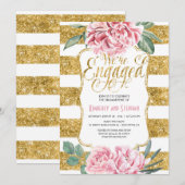 Floral Waterverven Gold Glitter Engagement Party Kaart (Voorkant / Achterkant)