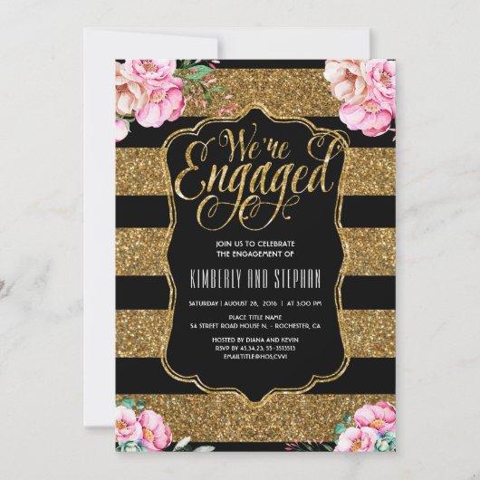 Floral Waterverven Gold Glitter Engagement Party Kaart (Voorkant)